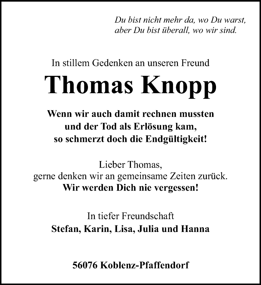  Traueranzeige für Thomas Knopp vom 29.07.2023 aus Rhein-Zeitung