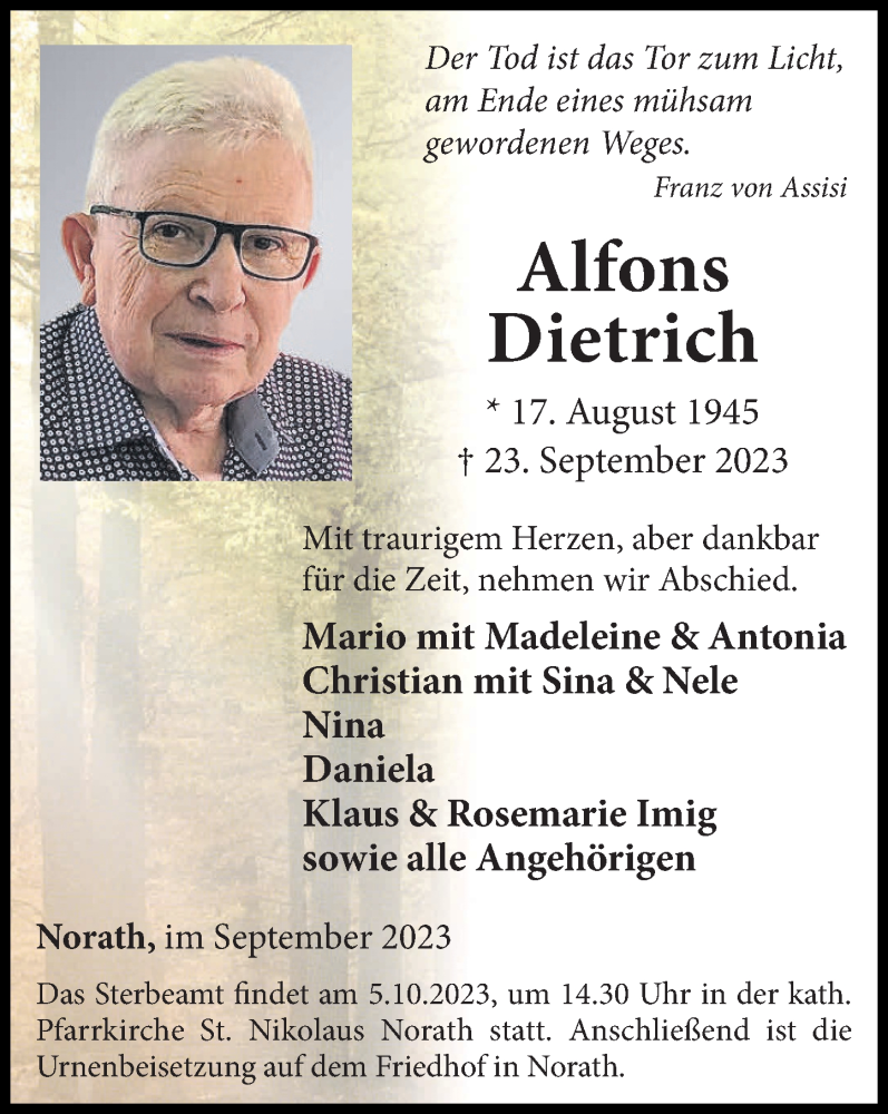  Traueranzeige für Alfons Dietrich vom 27.09.2023 aus Rhein-Hunsrück-Zeitung