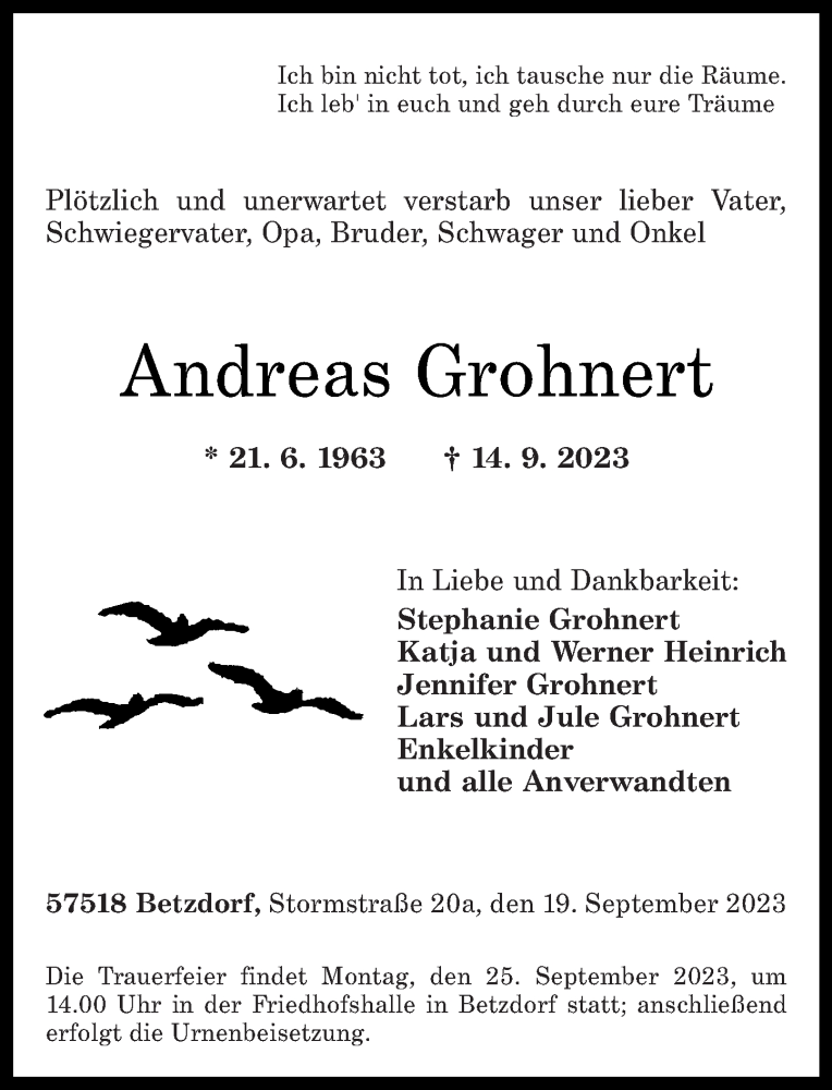 Traueranzeige für Andreas Grohnert vom 19.09.2023 aus Rhein-Zeitung