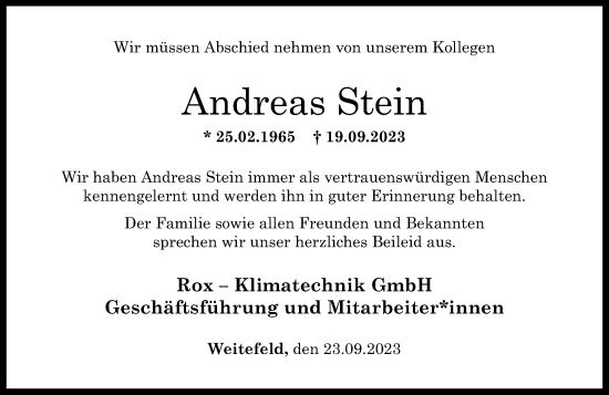 Wann Ist Andreas Steinhöfel Gestorben Traueranzeigen von Andreas Stein | rz-trauer.de