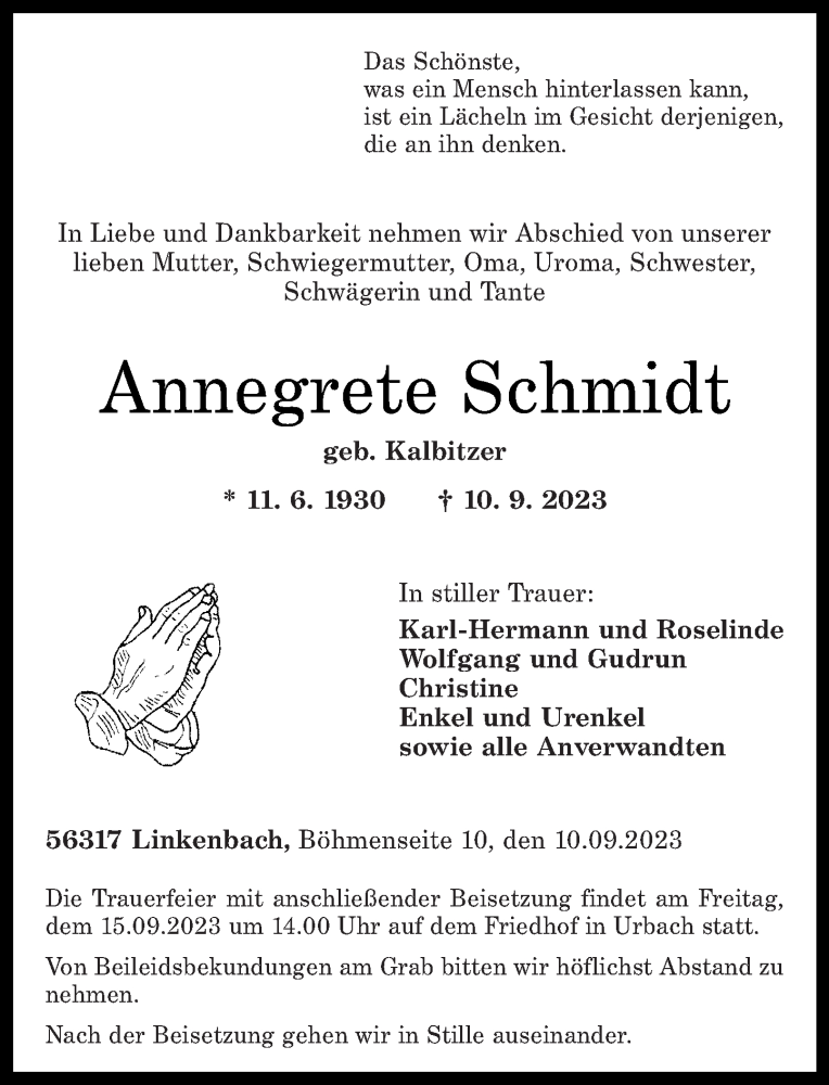  Traueranzeige für Annegrete Schmidt vom 13.09.2023 aus Rhein-Zeitung