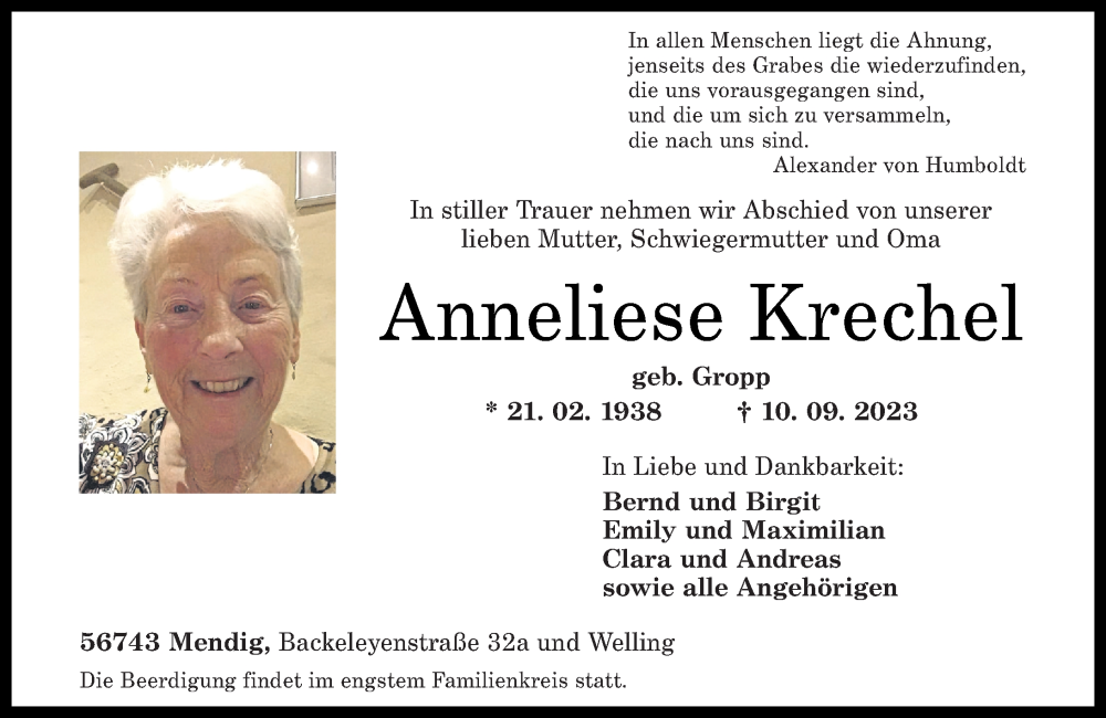  Traueranzeige für Anneliese Krechel vom 16.09.2023 aus Rhein-Zeitung