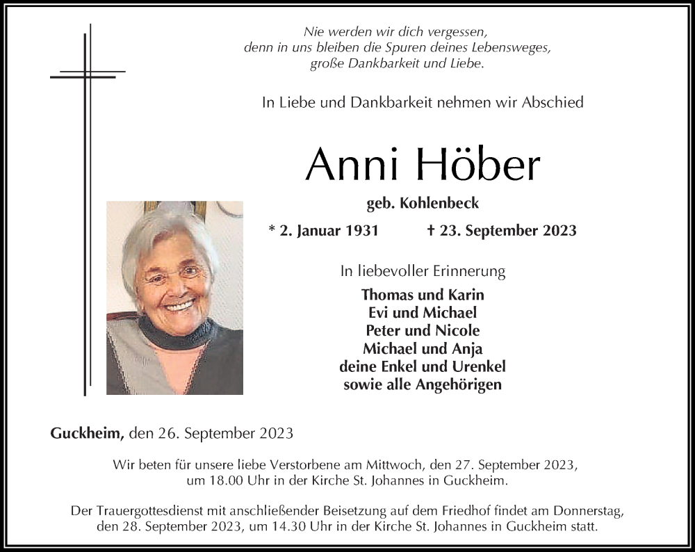  Traueranzeige für Anni Höber vom 26.09.2023 aus Westerwälder Zeitung