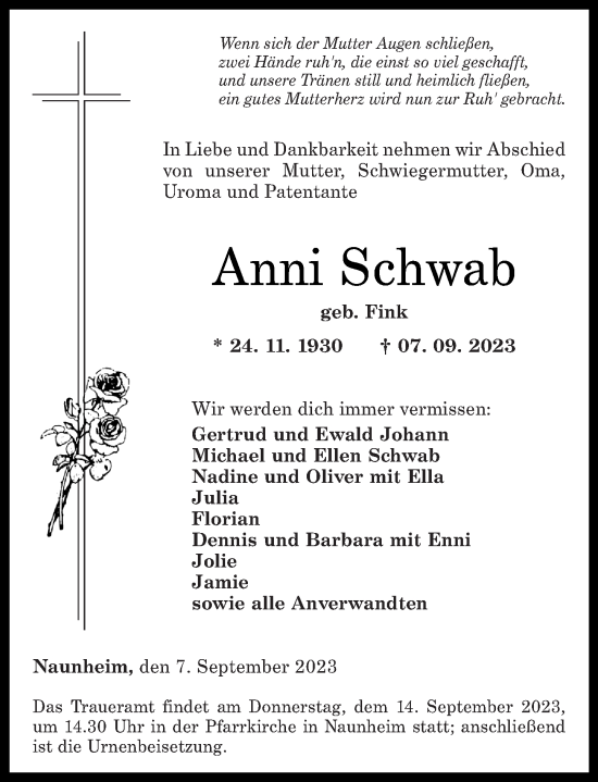 Traueranzeige von Anni Schwab von Rhein-Zeitung