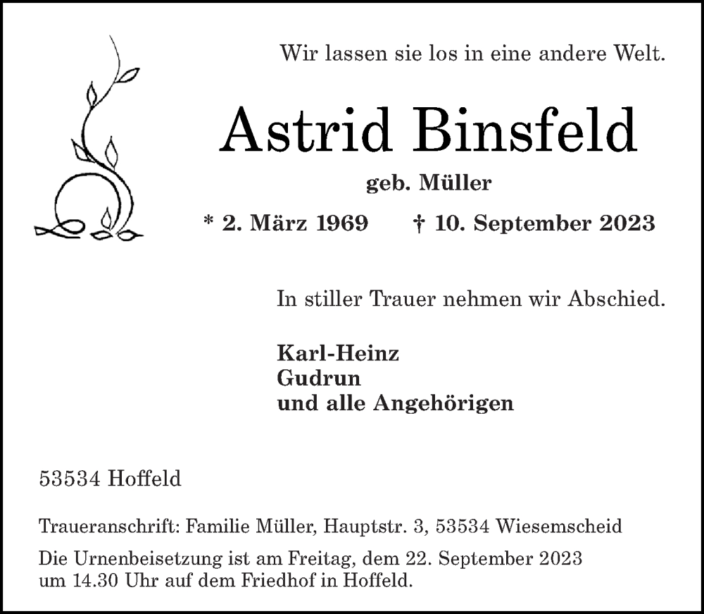  Traueranzeige für Astrid Binsfeld vom 19.09.2023 aus Rhein-Zeitung
