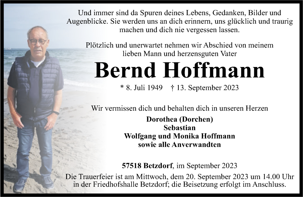  Traueranzeige für Bernd Hoffmann vom 16.09.2023 aus Rhein-Zeitung