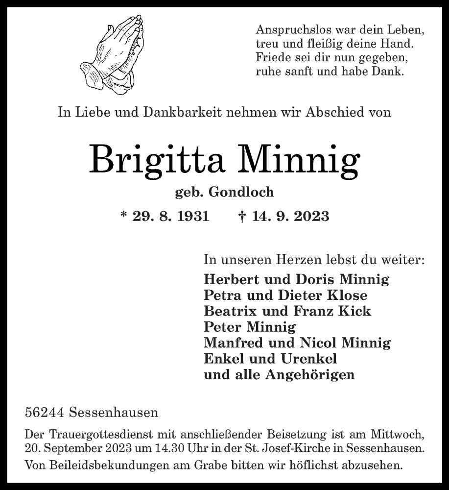  Traueranzeige für Brigitta Minnig vom 16.09.2023 aus Westerwälder Zeitung