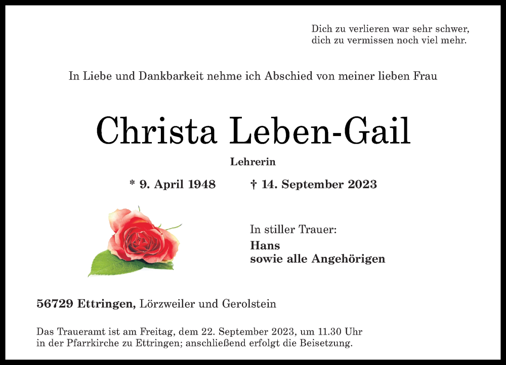  Traueranzeige für Christa Leben-Gail vom 16.09.2023 aus Rhein-Zeitung