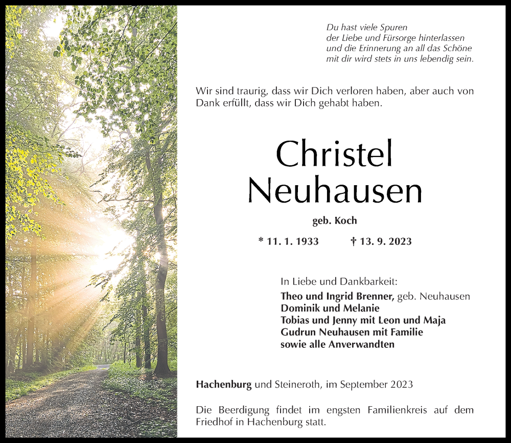  Traueranzeige für Christel Neuhausen vom 16.09.2023 aus Rhein-Zeitung