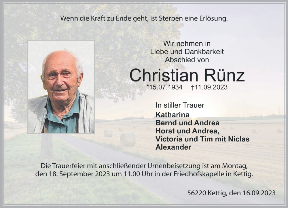  Traueranzeige für Christian Rünz vom 16.09.2023 aus Rhein-Zeitung
