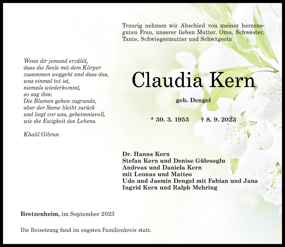  Traueranzeige für Claudia Kern vom 16.09.2023 aus Oeffentlicher Anzeiger