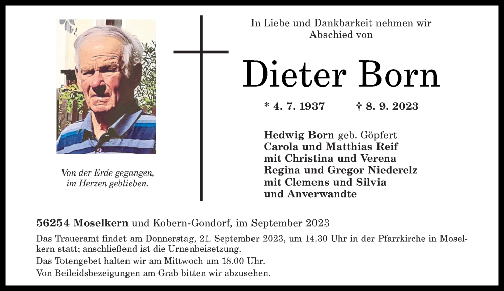  Traueranzeige für Dieter Born vom 16.09.2023 aus Rhein-Zeitung