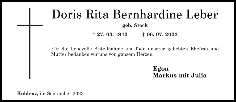 Traueranzeige für Doris Rita Bernhardine Leber vom 09.09.2023 aus Rhein-Zeitung
