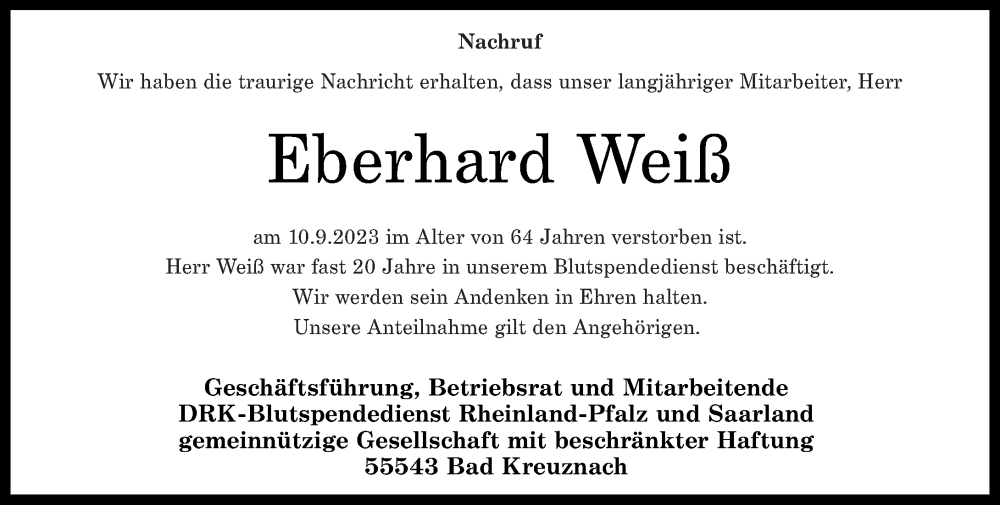  Traueranzeige für Eberhard Weiß vom 16.09.2023 aus Oeffentlicher Anzeiger