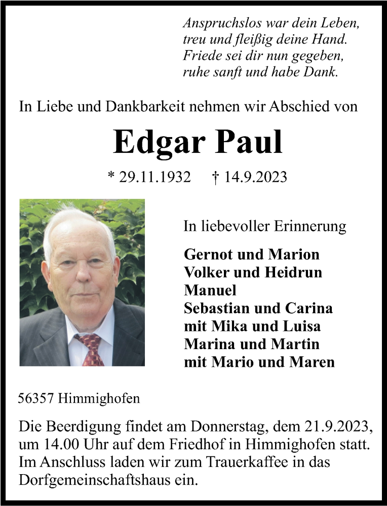  Traueranzeige für Edgar Paul vom 16.09.2023 aus Rhein-Lahn-Zeitung