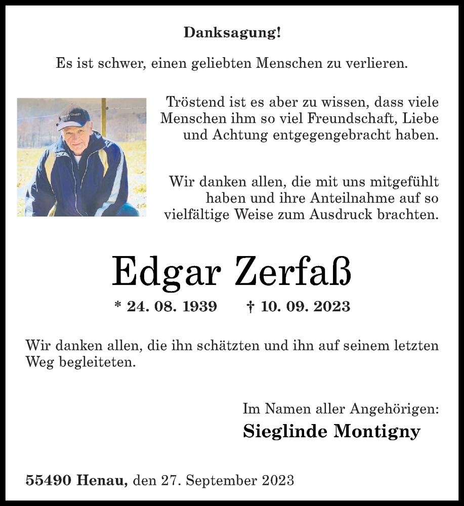  Traueranzeige für Edgar Zerfaß vom 27.09.2023 aus Rhein-Hunsrück-Zeitung