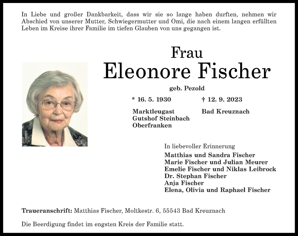  Traueranzeige für Eleonore Fischer vom 19.09.2023 aus Oeffentlicher Anzeiger