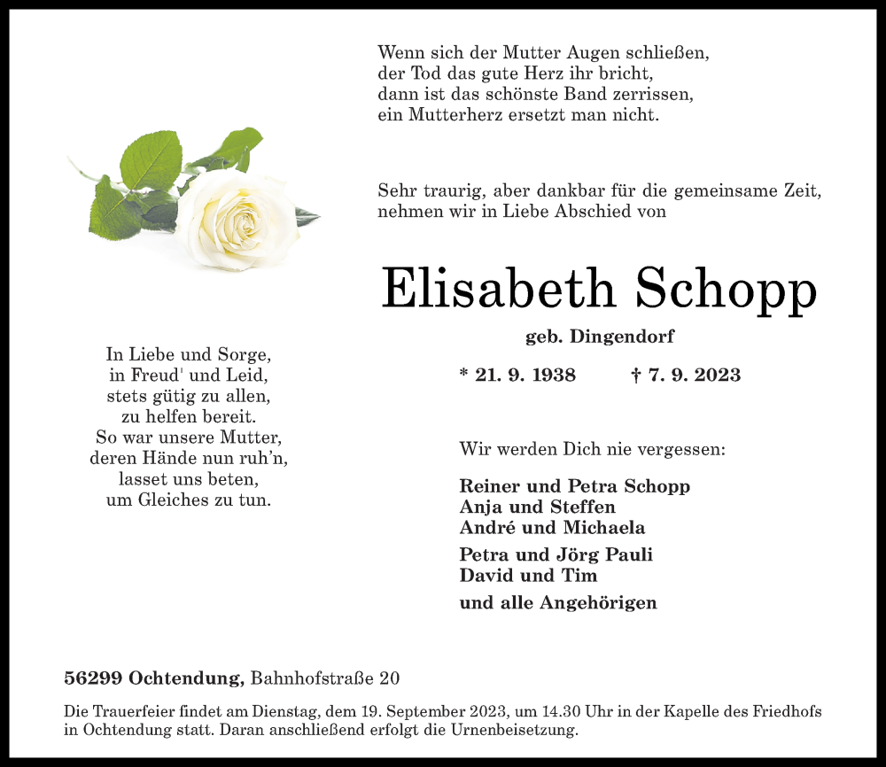  Traueranzeige für Elisabeth Schopp vom 09.09.2023 aus Rhein-Zeitung