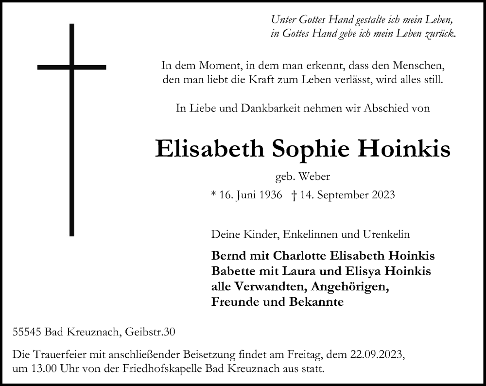  Traueranzeige für Elisabeth Sophie Hoinkis vom 19.09.2023 aus Oeffentlicher Anzeiger