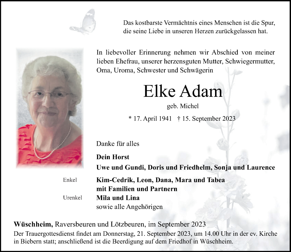  Traueranzeige für Elke Adam vom 19.09.2023 aus Rhein-Hunsrück-Zeitung
