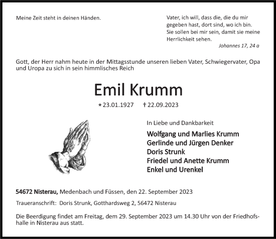 Traueranzeige von Emil Krumm von Westerwälder Zeitung