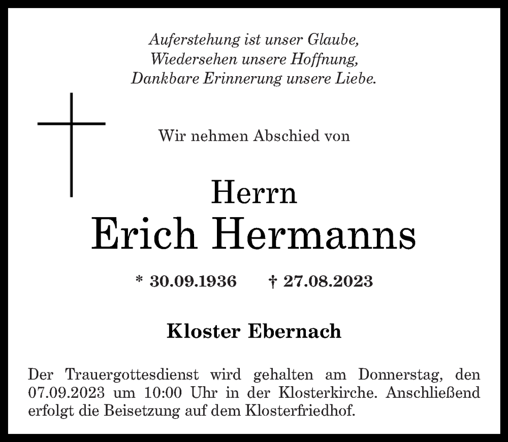  Traueranzeige für Erich Hermanns vom 06.09.2023 aus Rhein-Zeitung