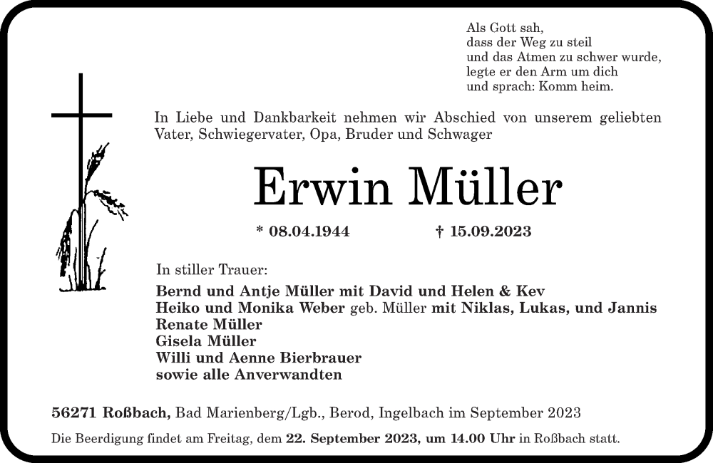  Traueranzeige für Erwin Müller vom 19.09.2023 aus Westerwälder Zeitung, Rhein-Zeitung