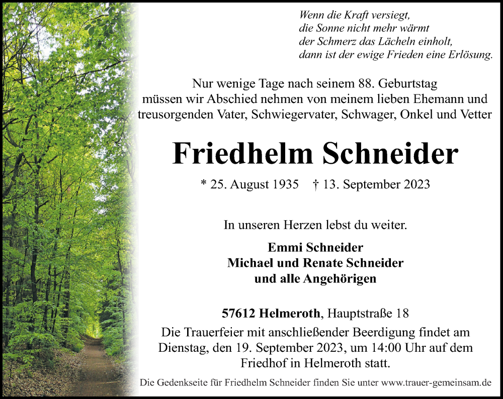  Traueranzeige für Friedhelm Schneider vom 16.09.2023 aus Westerwälder Zeitung, Rhein-Zeitung
