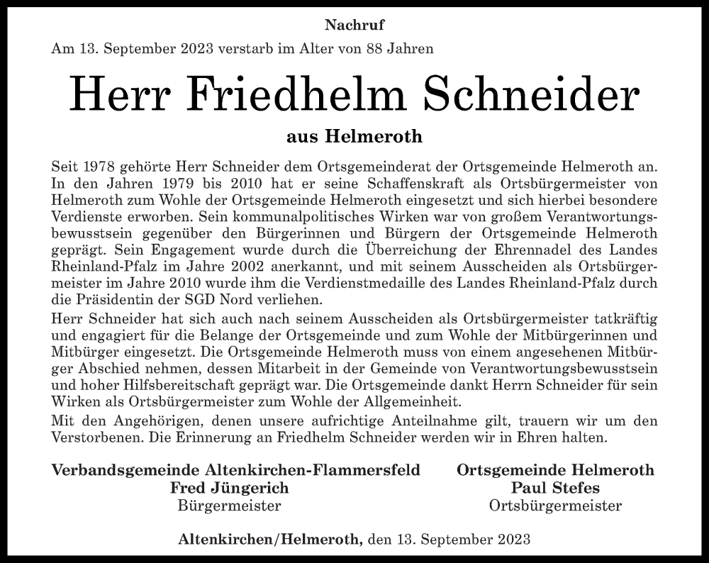  Traueranzeige für Friedhelm Schneider vom 16.09.2023 aus Rhein-Zeitung