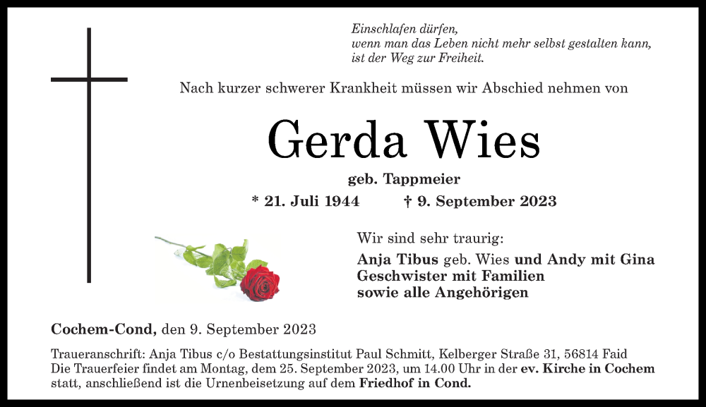  Traueranzeige für Gerda Wies vom 16.09.2023 aus Rhein-Zeitung