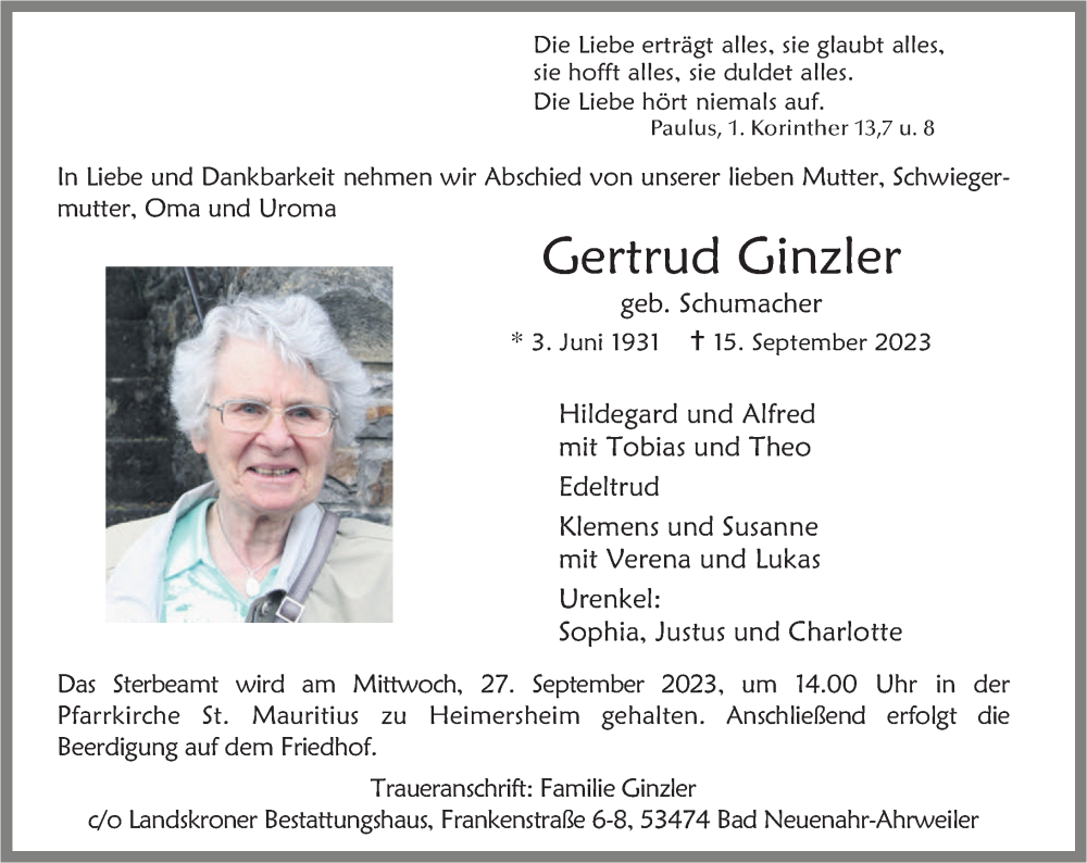  Traueranzeige für Gertrud Ginzler vom 23.09.2023 aus Rhein-Zeitung