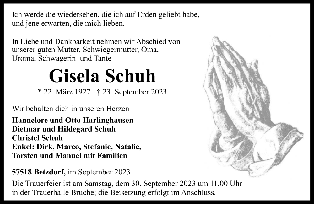  Traueranzeige für Gisela Schuh vom 27.09.2023 aus Rhein-Zeitung