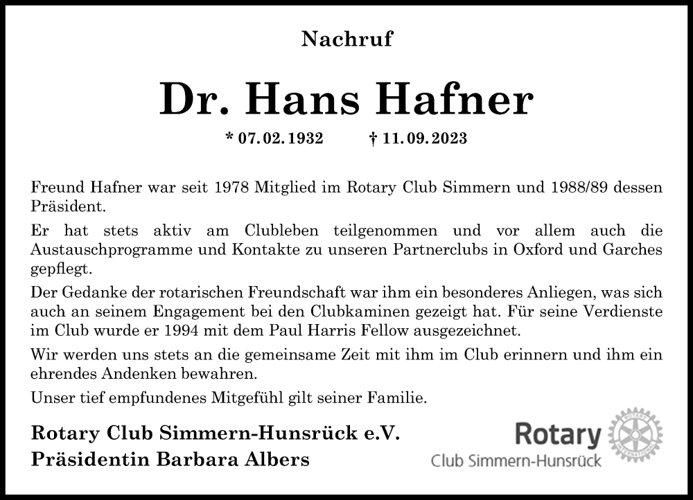  Traueranzeige für Hans Hafner vom 20.09.2023 aus Rhein-Hunsrück-Zeitung