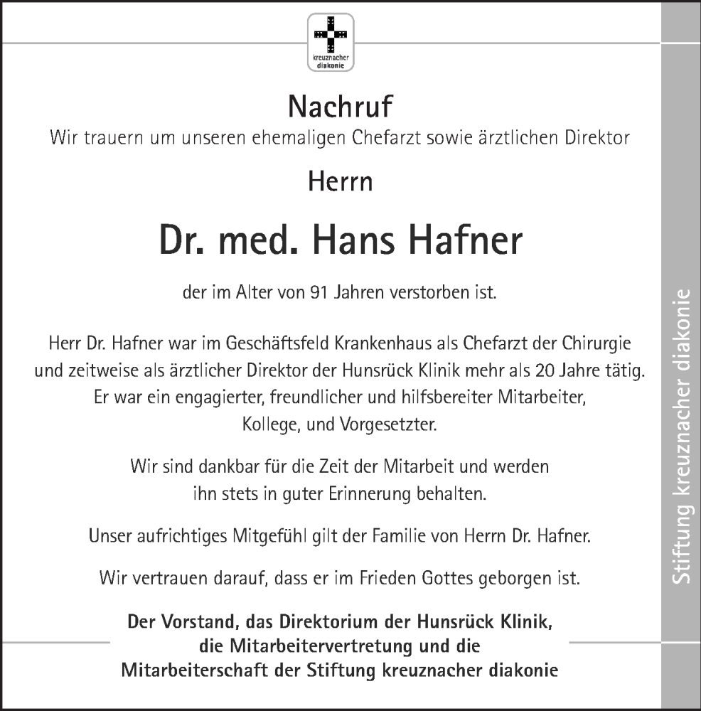  Traueranzeige für Hans Hafner vom 23.09.2023 aus Rhein-Hunsrück-Zeitung