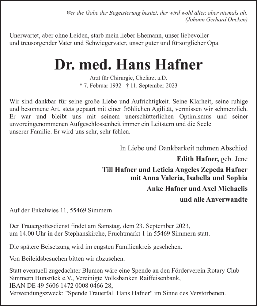  Traueranzeige für Hans Hafner vom 19.09.2023 aus Rhein-Hunsrück-Zeitung
