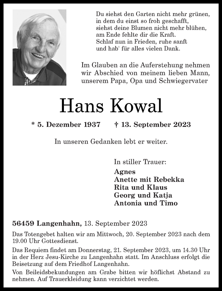  Traueranzeige für Hans Kowal vom 16.09.2023 aus Westerwälder Zeitung