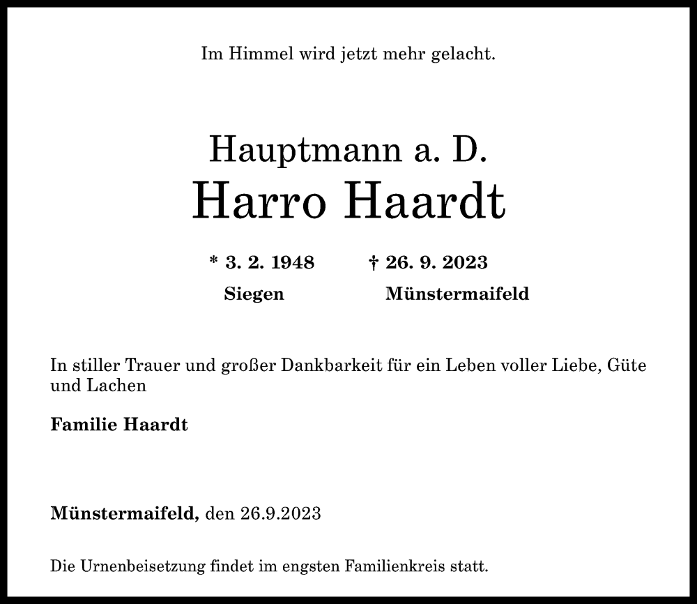  Traueranzeige für Harro Haardt vom 28.09.2023 aus Rhein-Zeitung