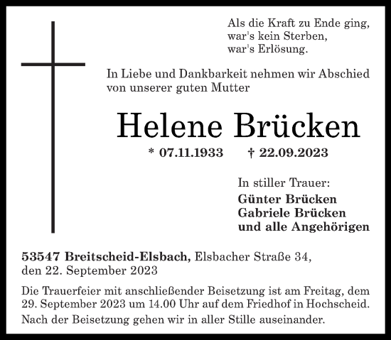 Traueranzeige von Helene Brücken von Rhein-Zeitung