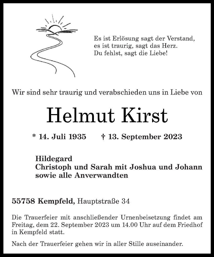  Traueranzeige für Helmut Kirst vom 16.09.2023 aus Nahe-Zeitung