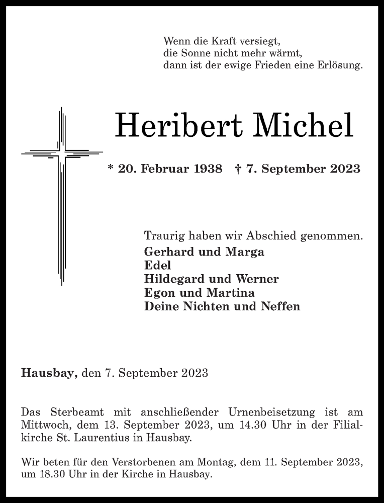  Traueranzeige für Heribert Michel vom 09.09.2023 aus Rhein-Hunsrück-Zeitung