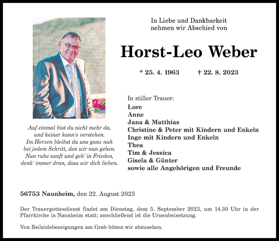 Traueranzeige von Horst-Leo Weber von Rhein-Zeitung