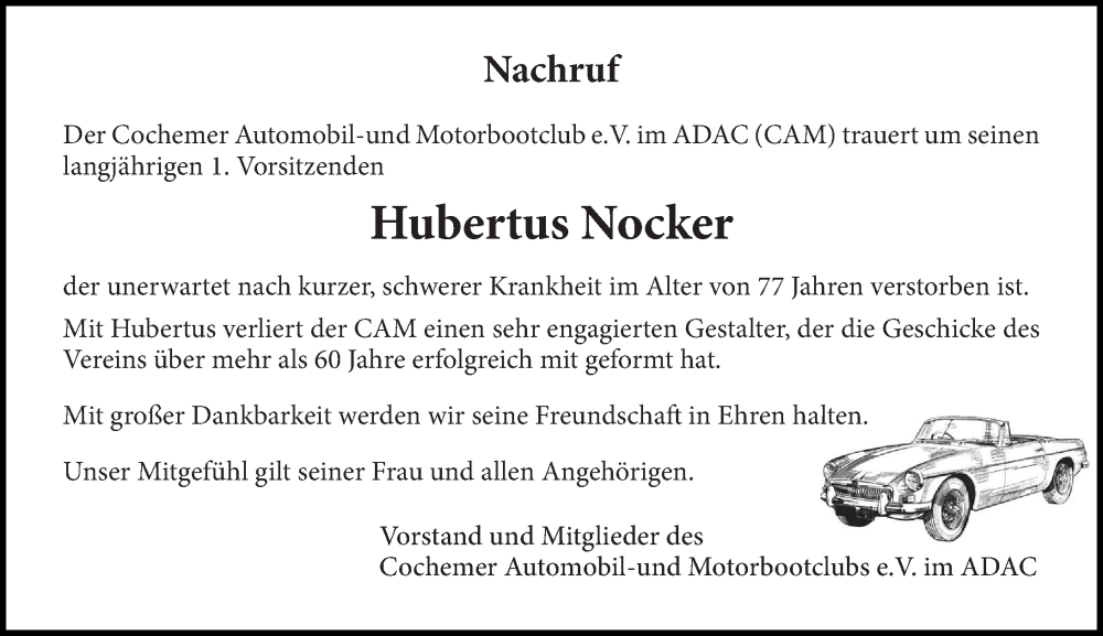  Traueranzeige für Hubertus Nocker vom 09.09.2023 aus Rhein-Zeitung