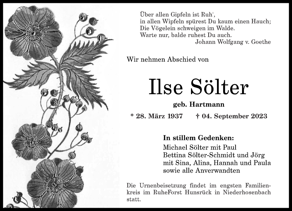  Traueranzeige für Ilse Sölter vom 09.09.2023 aus Nahe-Zeitung