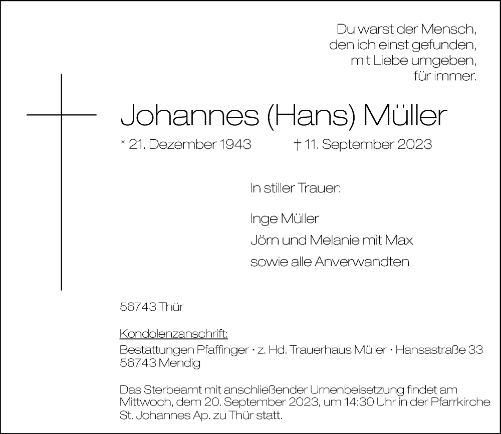  Traueranzeige für Johannes  Müller vom 16.09.2023 aus Rhein-Zeitung