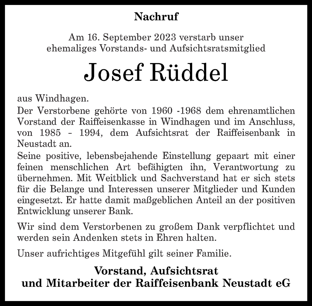  Traueranzeige für Josef Rüddel vom 23.09.2023 aus Rhein-Zeitung
