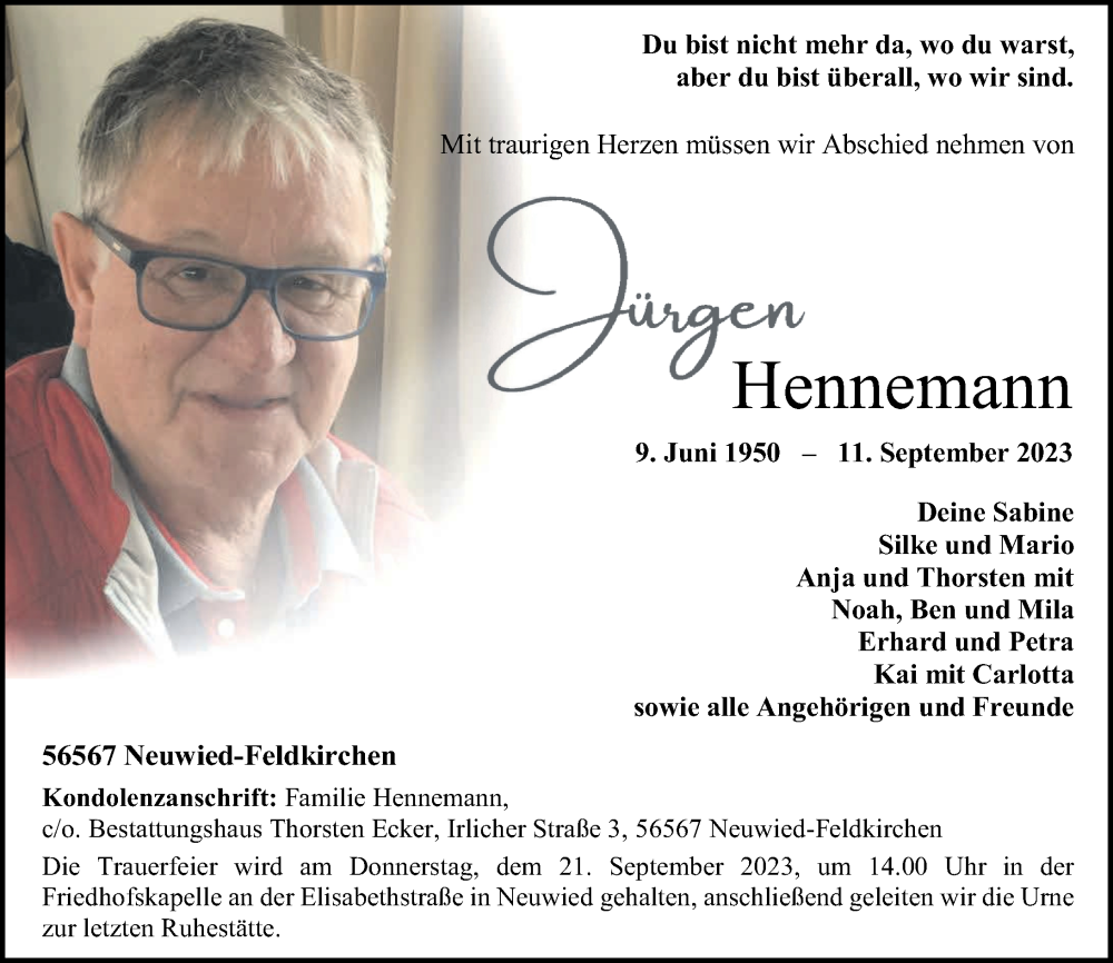  Traueranzeige für Jürgen Hennemann vom 16.09.2023 aus Rhein-Zeitung