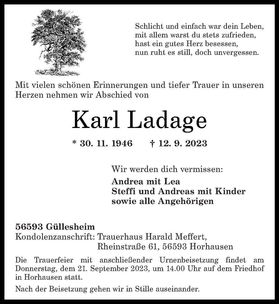  Traueranzeige für Karl Ladage vom 16.09.2023 aus Rhein-Zeitung