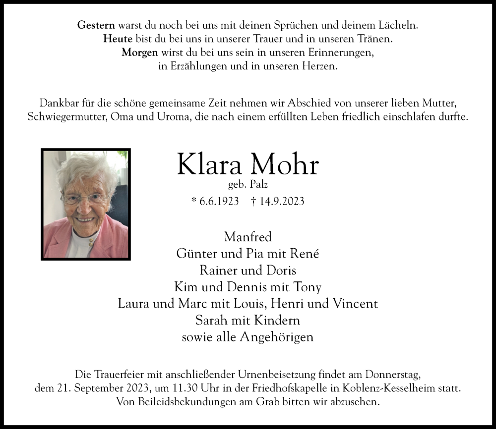  Traueranzeige für Klara Mohr vom 19.09.2023 aus Rhein-Zeitung