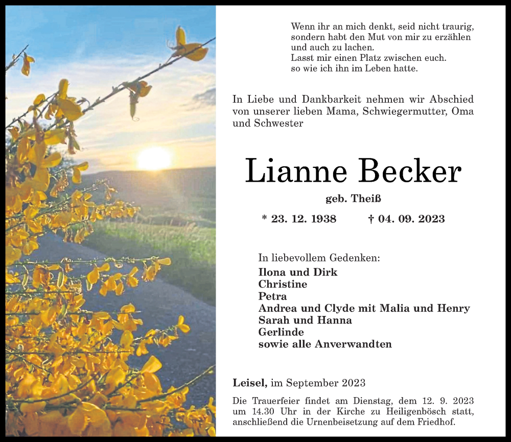  Traueranzeige für Lianne Becker vom 09.09.2023 aus Nahe-Zeitung