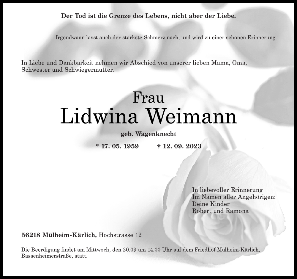  Traueranzeige für Lidwina Weimann vom 16.09.2023 aus Rhein-Zeitung